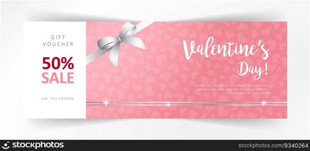 Valentines day gift voucher. Commercial discount coupon. Pink background with white lettering.