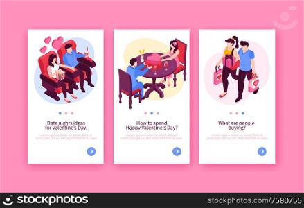 Valentines day gifts shopping dining night dating ideas 3 vertical isometric banners with loving couples vector illustration.