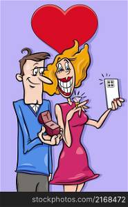 Valentines Day greeting card cartoon illustration with engaged couple in love