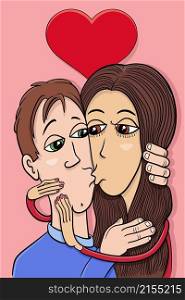 Valentines Day greeting card cartoon illustration with woman and man characters in love