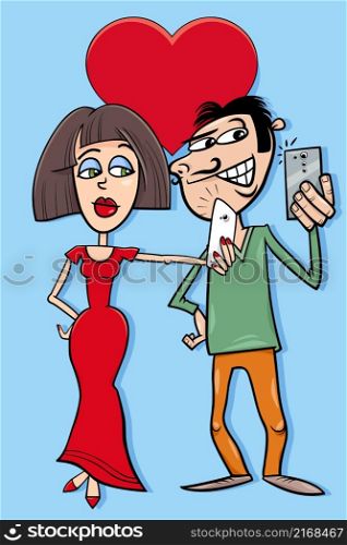 Valentines Day greeting card cartoon illustration with woman and man characters making selfie