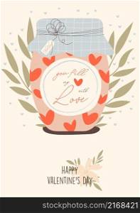 Valentines day greeting card concept template in flat design, with hand drawing illustrations and lettering