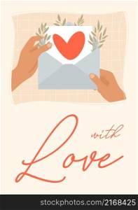 Valentines day greeting card concept template in flat design, with hand drawing illustrations and lettering