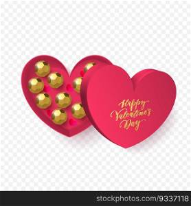 Valentines day greeting card of heart gift box decoration with chocolate candy in golden wrapper. Vector text calligraphy and gold confetti for Happy Valentine holiday pink background design. Valentines day heart gift box with chocolate candy in golden wrapper and gold calligraphy text for greeting card. Vector Happy Valentine holiday pink heart symbol design on white background