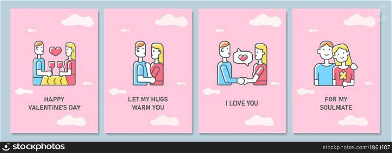 Valentines day greeting card with color icon element set. Romantic gift for partner. Postcard vector design. Decorative flyer with creative illustration. Notecard with congratulatory message pack. Valentines day greeting card with color icon element set