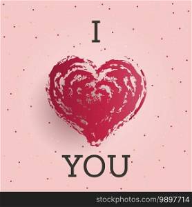 Valentines Day greeting card with lipstick handdrawn red heart. I love you poster on the pink background, vector illustration
