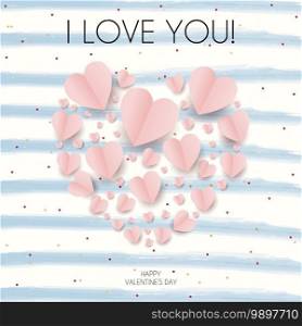 Valentines Day greeting card with paper cut pink hearts. I love you poster on the blue stripe background, vector illustration
