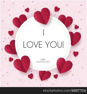 Valentines Day greeting card with paper cut red hearts. I love you poster on the pink backgroundand confetti, vector illustration