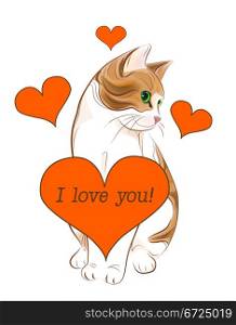 valentines day greeting card with tabby cat and heart