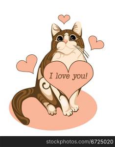 valentines day greeting card with tabby cat and heart