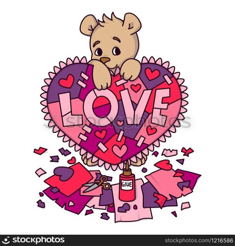 Valentines day greeting card with teddy bear with scrapbook heart. 14 february greeting card with hearts. Vector illustration isolated on white background. Print for invitations, postcard.