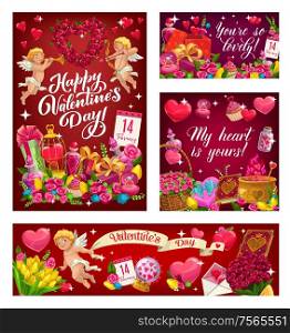 Valentines day greetings, my heart is yours and you are so lovely. Vector angel with wings, curled cupid and holiday of love symbols. Heart shape wreath of flowers, crystal ball, cupcakes and elixir. February 14 holiday of love, Valentines day signs