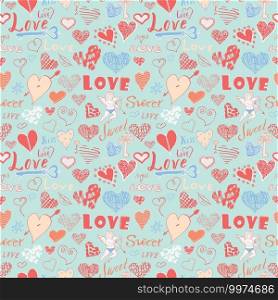 Valentines day hand drawn elements seamless pattern. Sketched doodle elements hearts symbols and lettering for wedding invitations, scrapbook, cards, posters. gift wraps.