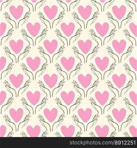 Valentines Day heart with hands seamless pattern in modern doodle style. heart with hands seamless pattern in modern doodle style