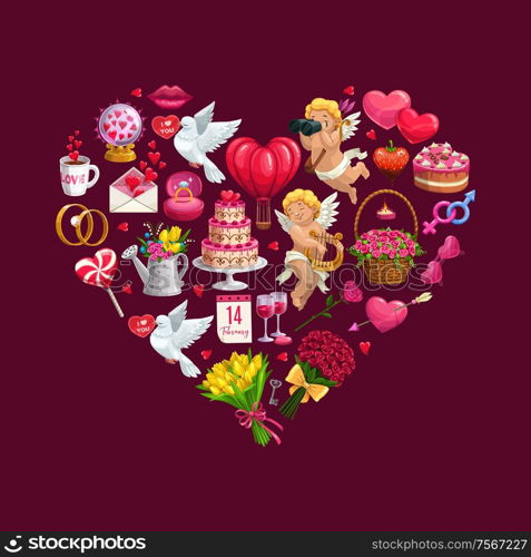 Valentines Day heart with vector Cupids, gifts and romantic love wedding rings, flower bouquets, chocolate and envelope, february calendar, candies and cakes, lips, wine and candles. Greeting card. Heart of Valentines Day gifts, flowers and Cupids