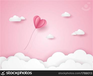 Valentines day , Illustration of love , pink heart balloon flying in the pink sky , paper art style