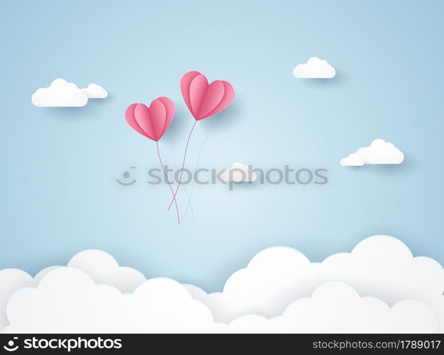 Valentines day, Illustration of love, pink heart balloons flying in the blue sky, paper art style