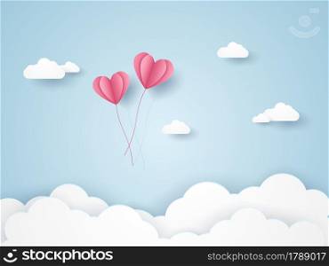Valentines day, Illustration of love, pink heart balloons flying in the blue sky, paper art style