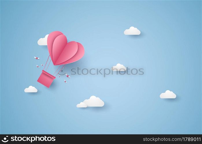 Valentines day, Illustration of love, pink heart hot air balloon flying in the blue sky, paper art style