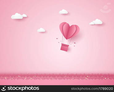 Valentines day , Illustration of love , pink heart hot air balloons flying over grass , paper art style