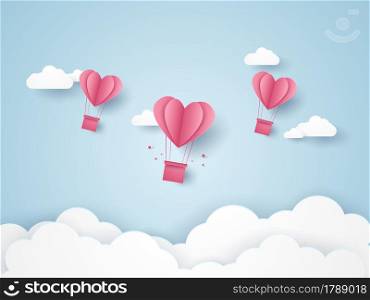 Valentines day, Illustration of love, pink heart hot air balloons flying in the blue sky, paper art style