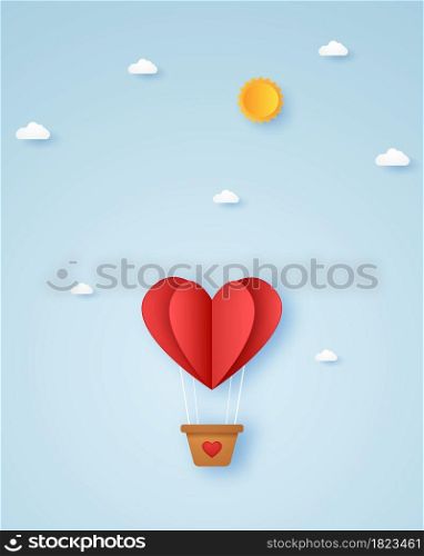 Valentines day, Illustration of love, red heart hot air balloon flying in the sky, paper art style