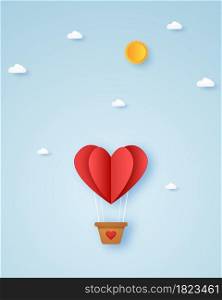 Valentines day, Illustration of love, red heart hot air balloon flying in the sky, paper art style
