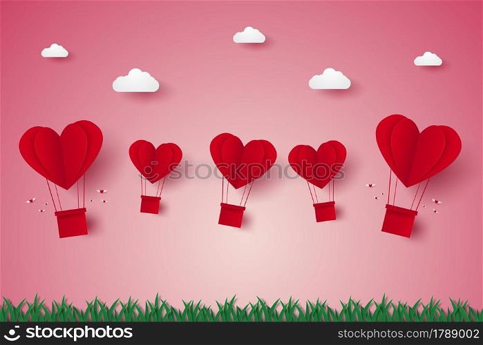 Valentines day , Illustration of love , red heart hot air balloons flying on grass , paper art style