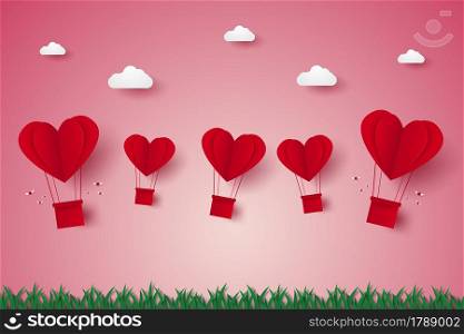 Valentines day , Illustration of love , red heart hot air balloons flying on grass , paper art style