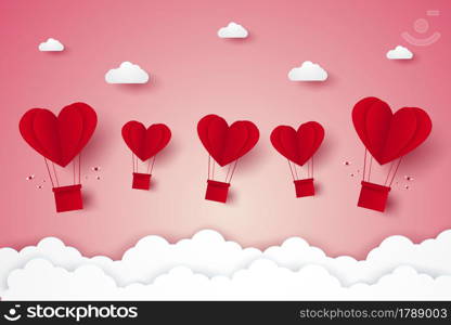 Valentines day , Illustration of love , red heart hot air balloons flying on sky , paper art style