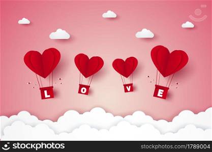 Valentines day , Illustration of love , red heart hot air balloons with lettering flying on sky , paper art style