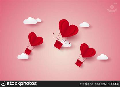 Valentines day, Illustration of love, red heart hot air balloons flying in the sky, paper art style