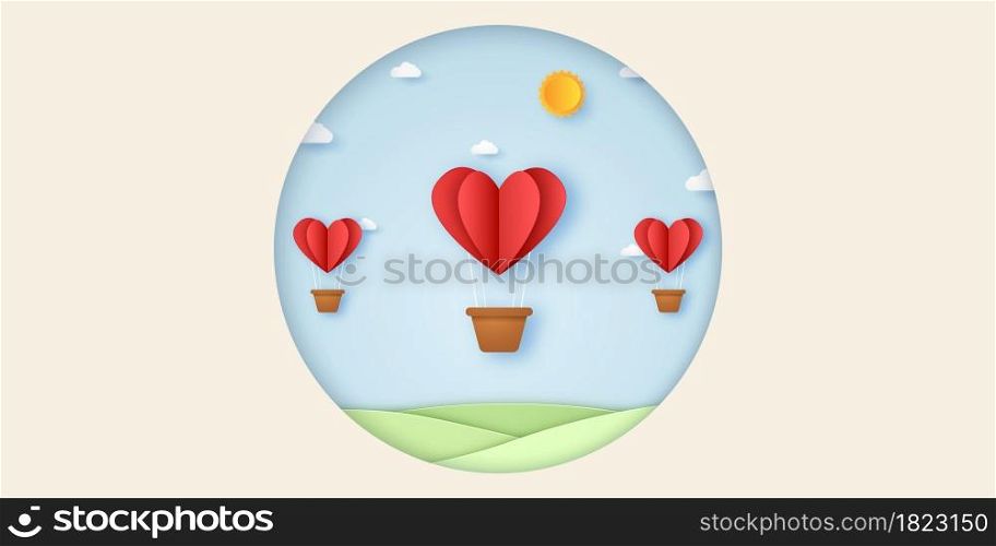 Valentines day, Illustration of love, red heart hot air balloons flying in the blue sky, paper art style