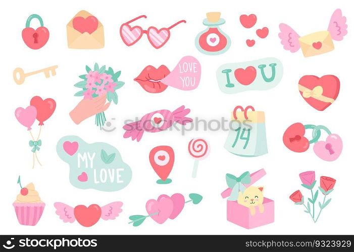 Valentines Day isolated objects set. Collection of heart lock, key, letter, glasses, love potion, rose flowers, kiss, balloon, calendar, gift. Vector illustration of design elements in flat cartoon