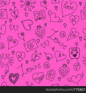 Valentines Day. Large icons set. Seamless pattern. Symbols of love. Pink background. Valentines Day. Large icons set. Seamless pattern