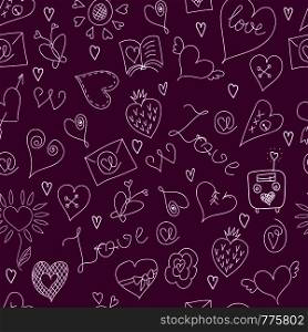 Valentines Day. Large icons set. Seamless pattern. Symbols of love. Purple background. Valentines Day. Large icons set. Seamless pattern