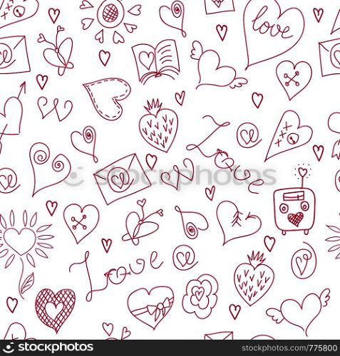Valentines Day. Large icons set. Seamless pattern. Symbols of love. White background. Valentines Day. Large icons set. Seamless pattern