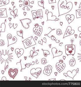 Valentines Day. Large icons set. Seamless pattern. Symbols of love. White background. Valentines Day. Large icons set. Seamless pattern