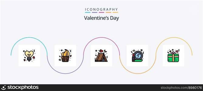 Valentines Day Line Filled Flat 5 Icon Pack Including gift. mirror. dessert. make. tent