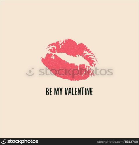 Valentines Day Lips Kiss Stamp Greeting Card Design. Cute Printable Typography Poster or Template in Retro Pink and Beige Colors for Love Design. Mouth Shape Mark Illustration. Valentines Day Greeting Card Design. Cute Printable Typography Poster or Template in Retro Pink and Beige Colors