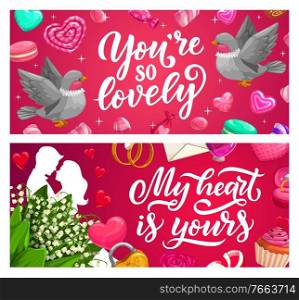 Valentines Day love holiday gifts vector banners. Hearts, couple in love and flowers, wedding and engagement rings, chocolate cake, candies, letter and padlock, rose and lily bouquets. Valentines Day banners, love holiday gifts, hearts
