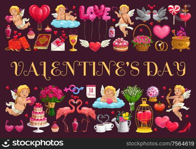 Valentines Day love holiday symbols, hearts, balloons and cupid angels, rose flowers, love potion and diamond ring, gifts and cake, doves and presents, love spells book and chocolate strawberry. Valentines Day symbols and angels