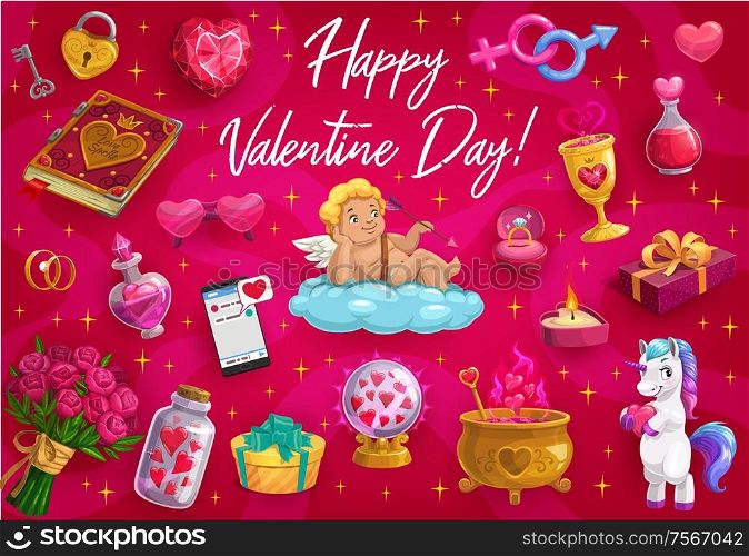 Valentines day, love message quote with hearts, cupid angel and cartoon unicorn. Vector Valentines day gifts and candle, rose flowers and magic potion, spells book, love and wedding ring. Valentines day love hearts, cupid angel, unicorn