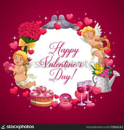 Valentines day love message with cupid arrows, hears and ring in red flowers. Vector Valentines holiday pink roses, cartoon angel cupid with golden bow and harp on cloud. Valentines day hearts, cupid angels and birds