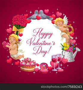 Valentines day love message with cupid arrows, hears and ring in red flowers. Vector Valentines holiday pink roses, cartoon angel cupid with golden bow and harp on cloud. Valentines day hearts, cupid angels and birds