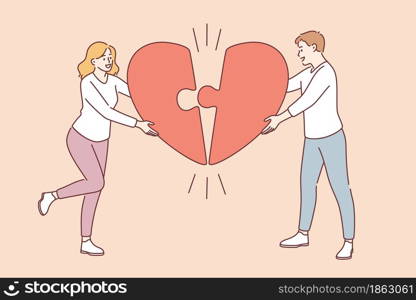 Valentines day, Love, romance concept. Young happy smiling loving Man and woman lovers connecting halves of big red heart feeling in love one family vector illustration . Valentines day, Love, romance concept.