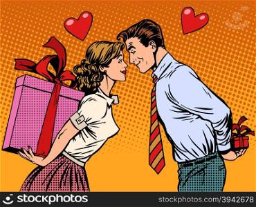Valentines day lovers man and woman with gifts pop art retro style. Wedding romance and feelings. The couple in the relationship. Husband and wife. Valentine day lovers man and woman with gifts