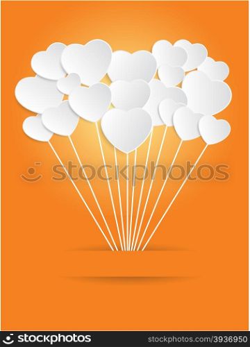 Valentines Day of White Paper Heart on a Orange Background. Vector illustration