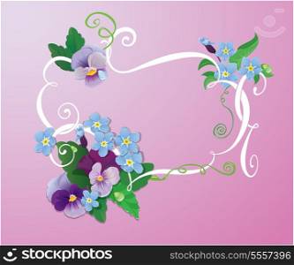 Valentines Day or Wedding card with pansy and forget-me-not flowers - vintage floral background with horizontal frame
