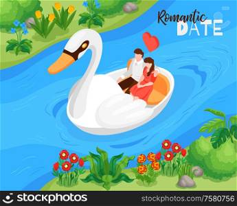 Valentines day outdoor celebration isometric composition with lovers enjoying romantic boat river cruise date vector illustration